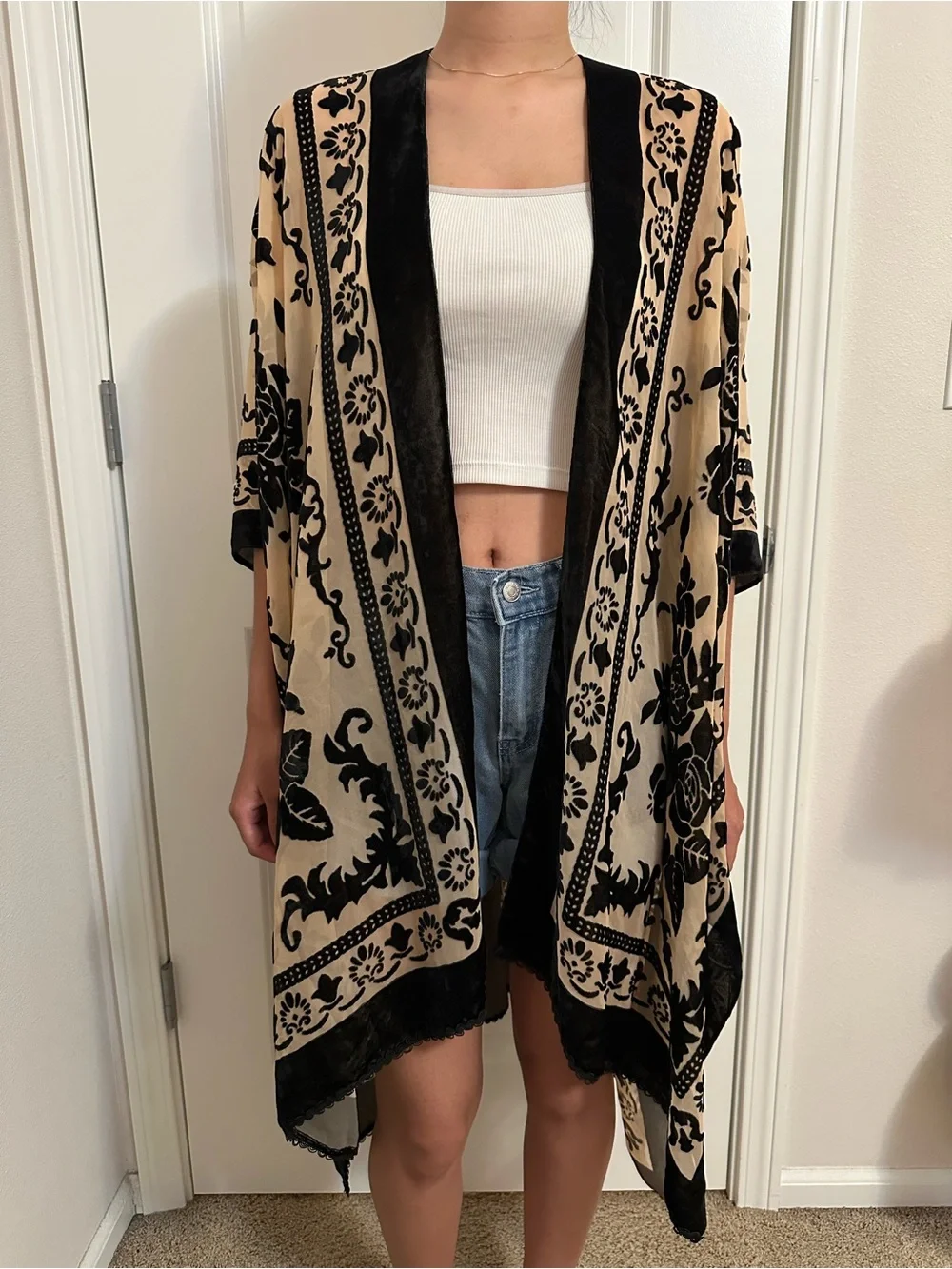 Free People Beige & Black Velvet Burnout Kimono